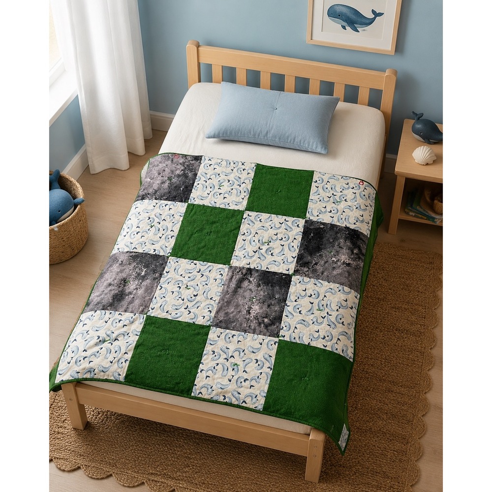 Handmade Narwhal Patchwork Baby Quilt 40x40 Green Gray Tied Blanket